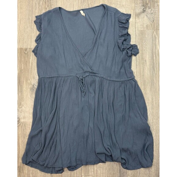 Elan Boho Ruffle Mini Dress XL Blue Crinkle Drawstring Coverup Cottagecore - Picture 3 of 8